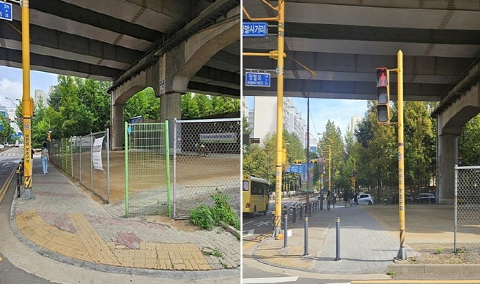 수도권제1순환고속도로 하부 공간 정비 전(왼쪽)과 후(오른쪽)