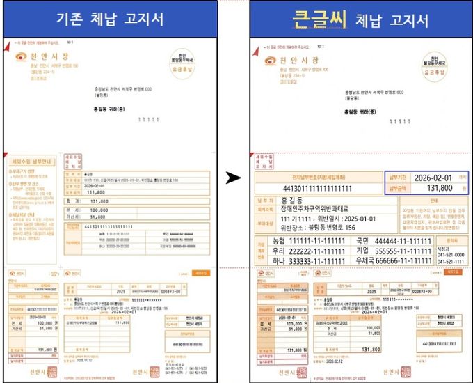 천안시 세외수입 체납고지서 글자 크기를 확대한 ‘돋보기 고지서’.