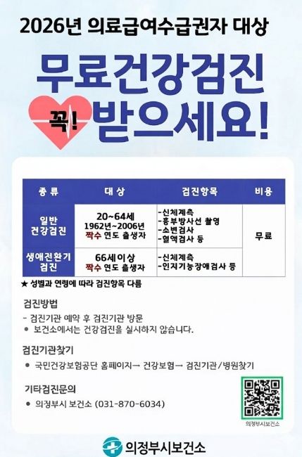 의정부시, 짝수연도 출생자 대상 2026년 의료급여수급권자·건강보험가입자 건강검진 실시
