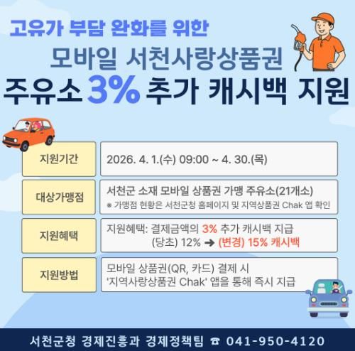 서천군, 주유소 결제 최대 15% 할인